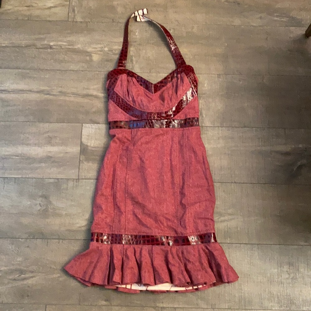 Bebe sweetheart neck leather trim red dress